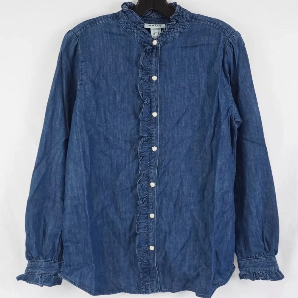 ❌SOLD OUT❌ NWT [Ariat] Ingalls Top Button-Up Ruffled Blouse Denim Women’s M XL - Picture 5 of 13